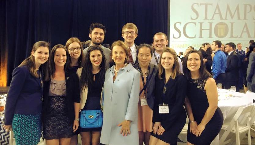 Purdue Stamps Scholars Left to right: Claire Lee, Anne Rodino, Allison Murray, Hannah Basham, Mrs. Penny Stamps, Emily Grimm, Claire Lee, Sam Albert, Eric Buedel and Beau DeLaet