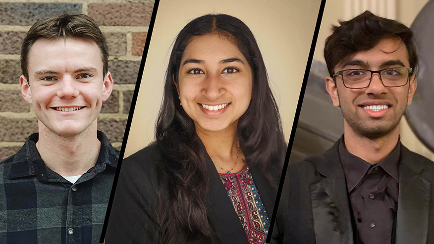 Three students named 2026 Barry Goldwater Scholars. Charles Behrman, a junior majoring in nuclear engineering; Shreya Krishnan, a junior majoring in biomedical engineering; and Ishaan Singh, a junior studying honors physics and biochemistry.